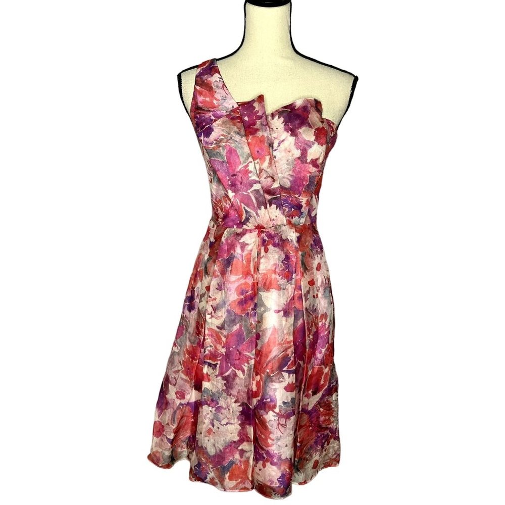 David Meister Pink Floral Watercolor Silk One Shoulder Knee Length Dress Size 2